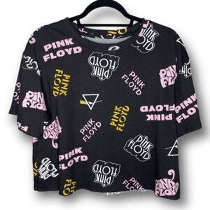 Pink Floyd Size L Black Pink Yellow Logo Cutoff Cropped Boxy Cotton Band Tee